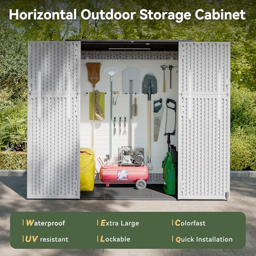 Image of AOXUN Horizontal Storage Sheds 61 Cu.ft, HDPE Outdoor Storage Box 160 Gallon, Waterproof Lockable Resin Deck Box with Spring-Assisted Lid, Patio Storage for Garden, Pool, Cushions, Tools, White