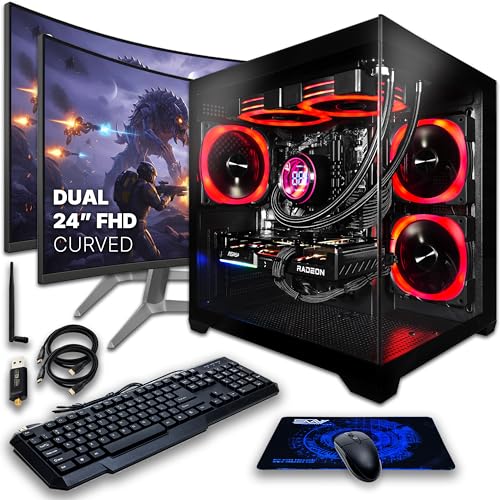 Image of SAAV CORE Prebuilt Gaming PC Bundle Desktop Tower AMD Ryzen 5 5500 GeForce RTX 3050 6GB GDDR6 Dual Curved 24in Monitor 16GB DDR4 512GB NVMe WiFi6 Windows 11 AIO Liquid Cooled Computer PC Gaming Black