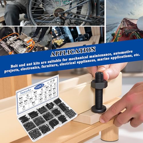 Sunxeke 516Pcs Nuts and Bolts Assortment Kit, 21 Sizes (M3 M4 M5 M6) Assorted Phillips Pan Head Nuts Bolts and Washers kit for Furniture Assembly, Automotive, Machinery DIY Repair Projects (Black) - Thumbnail 6