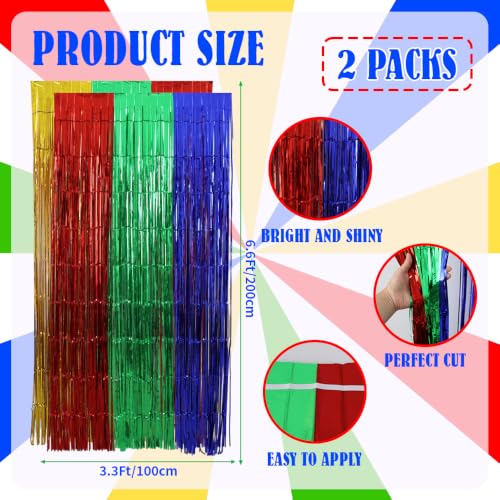 Image of TONIFUL 2Pcs Red Green Blue Yellow Metallic Foil Fringe Curtain Streamers | 3.3ftx6.6ft Photo Booth Backdrop Door Tinsel Streamer, Props for Birthday Graduation Baby Shower Summer Pool Party Decoration