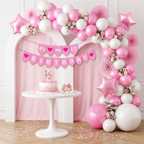 Image of Party Propz Half Happy Birthday Decoration Kit - 52 Pcs, Balloons for Birthday, Bday Decor Items with 1 /2 Birthday Crown, 1 /2 Happy Birthday Banner, Half Bday Decoration for Baby (Cardstock)