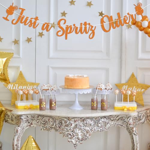Image of Just a Spritz Older Banner - Spritz Bar Sign, Spritz Party Decor, Lemon Citrus Birthday Party Decorations Orange Glitter