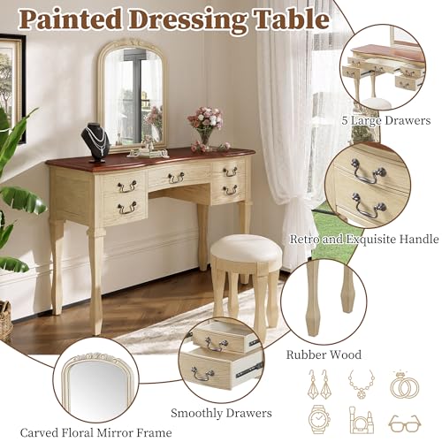 Image of JIVOIT 46 inch Vintage Makeup Vanity Table with Leather Stool, Vanity Desk with Curved Flower Frame Mirror, Dressing Table with 5 Drawers and Antique Handles, Easy Assembly