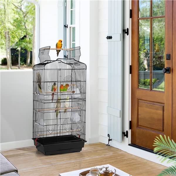 Cage à Oiseaux Décorative en Métal avec Toit Ouvrable, Balançoire, Perchoirs, Plateau Coulissant