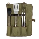 Charcoal Companion CC1093 Oval Pro Chef 3PC (S, LT,BB) Toolset Roll, Olive Green Tote, Espresso Stained Tool Handles