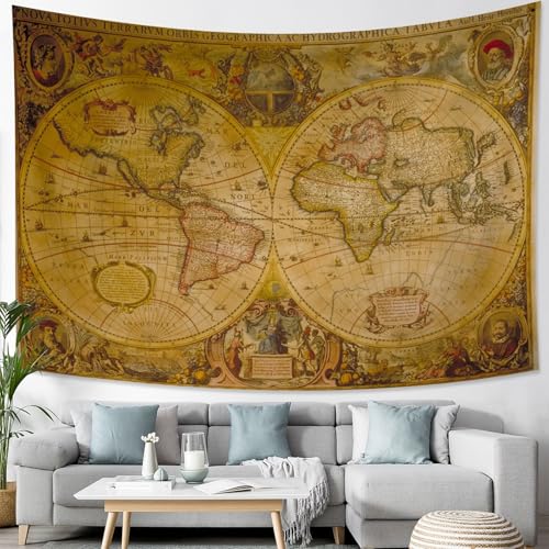 Miniatura 3 de Yongfoto Tapiz Mapa Vintage Para Dormitoriomapa Clásico Antiguo Del Viejo Mundo De Pared, Retratos Famosos Occidente Tierra Manta Sala Aula Dormitorio, 100x70cm