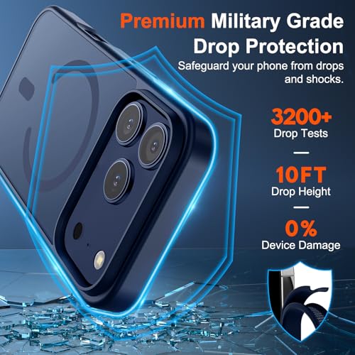 Image of SUPFINE Magnetic for iPhone 17 Pro Case with Screen Protector (Compatible with MagSafe)(Military Grade Drop Protection) Translucent Matte Shockproof with Anti-Fingerprint Phone Cover,Dark Blue