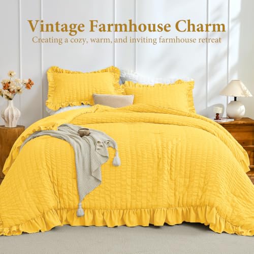 Image of JOLLYVOGUE Pumpkin Yellow Queen Comforter Set,3pcs Seersucker Bed Set | OEKO-TEX Certified, All Season, Down Alternative Fill, Lightweight Bedding Set with Ruffle Comforter & Pillowshams, Easy Care