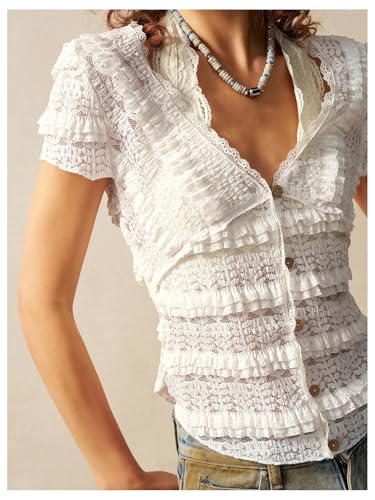 GORGLITTER Women's Button Up Lace Ruffle Shirt Short Sleeve Deep V Neck Layered Frill Trim Tops4