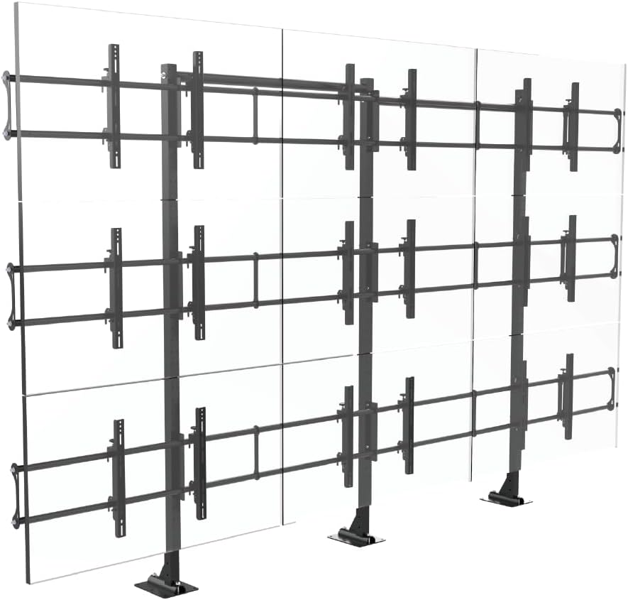 46-55" Floor Bolted 3x3 Video Wall Mount, Fixed 9-Screen Industrial Bracket System, VESA 600x400