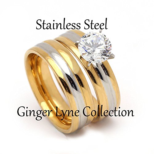 Tabitha Solitaire Wedding Ring Set for Women by Ginger Lyne | Two Gold Gold over Stainless Steel 1 Ct Engagement Ring and Matching Wide Wedding Band Set | Cubic Zirconia Bridal Jewelry3