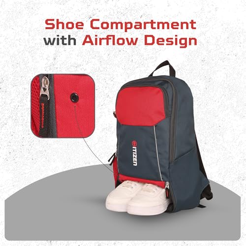 Image of Citizen Ultimate Gym Bag 17L - Quick Access Pocket, Separate Shoe Compartment, Bottle Holder, Reflective Strips for Safety, Adjustable Shoulder Strap, Lightweight-Men & Women-Grey Red