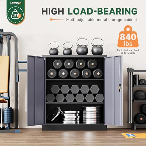 Image of Letaya Metal Storage Cabinets with Lock Door,2 Adjustable Shelves Organizer Steel Storage Cabinets for Home,Office,Warehouse,Garage,Employee Lockers(Black Gray)