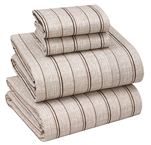 RUVANTI 100% Cotton California King Sheet Sets, 4 Pieces, Soft & Breathable Percale Weave Bedding, Deep Pocket 14", Hotel Standard, Crisp Cool Feel & Durable, Perfect Striped Sheets, Brown Stripes
