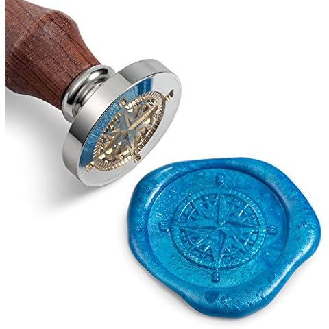 Mceal Wax Seal Stamp, Silver Brass Head with Wooden Handle, Compass Cover