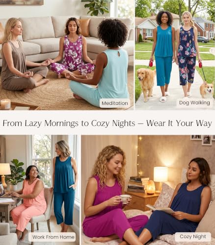Image of NACHILA Pajamas for Women-Viscose Made from Bamboo, Sleeveless Pjs Tank Top Capri Pants Pajama Sets Cooling Sleepwear