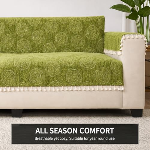 Image of STITCHNEST Woven Fabric Sofa Cover 2 Seater with 2 Hand Rest Covers - Washable Green Sofa Cover with Tassels - Durable Premium Fabric - Stylish Sofa Protector for Living Room & Furniture Decor