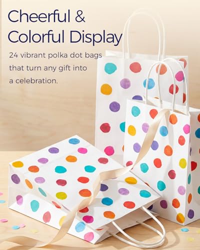 Image of SUNCOLOR 24 Pack Small Paper Gift Bags, Colorful Polka Dot Design, 8.7 x 6.3 x 3.15 Inch, with Handles for Birthday Party Favors