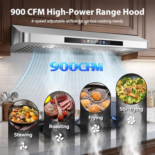 Image of Tieasy 42 Inch Under Cabinet Range Hood, 900 CFM Smart Kitchen Vent Hood with Voice /Gesture /Remote /Touch Control, Dual Motor Stove Hood with 4-Speed, LED Lights, Works with SmartLife, Google & Alexa