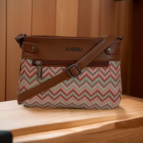 Image of JUGNU Sling Bag for Women, Jute Fabric, Crossbody Style, Slim Design, Multicolour, Medium Size, Lightweight, Adjustable Strap, Zipper Closure, 5 Pockets