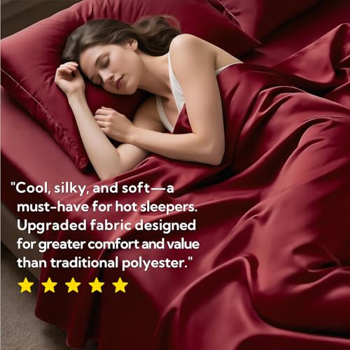 MR&HM Queen Sheet Set, 4-Piece Cooling Sheets, Rayon Derived from Bamboo & Polyester Blend, Soft & Silky, 15" Deep Pockets with Elastic Straps, Hotel Luxury for Hot Sleepers, Burgundy