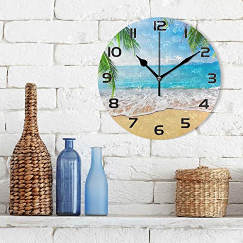 Qilmy Beautiful Palm Sea Beach Wall Clock Non Ticking Silent Art Decorative Round Clock For Living Room Kitchen Bedroom Office School #TOP2