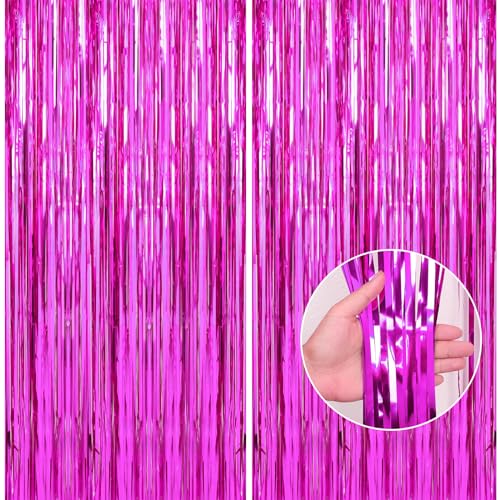 Image of Crosize 2 Pack 3.3 x 9.9 ft Hot Pink Foil Fringe Backdrop Curtain, Streamer Backdrop Curtains, Streamers Birthday Party Decorations, Tinsel Curtain for Parties, Photo Booth Backdrops, Party Decor