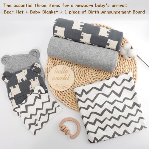 Image of DRESHOW BQUBO Cotton Baby Swaddle Hat Set Newborn Infant Receiving Blankets with Bear Ears Hat Wooden Birth Announcement Card Newborn Unisex Swaddle Wrap Sets Warm Shower Gift