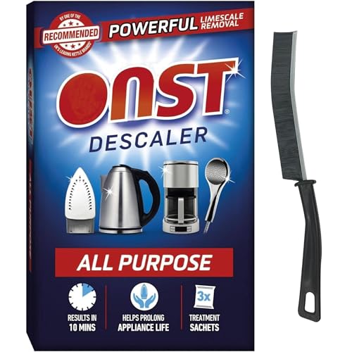 ONST All Purpose Descaler for Kettles, Coffee Machines and Appliances, Fast Acting Limescale Remover with 3 Treatment Sachets, Includes Crevice Brush