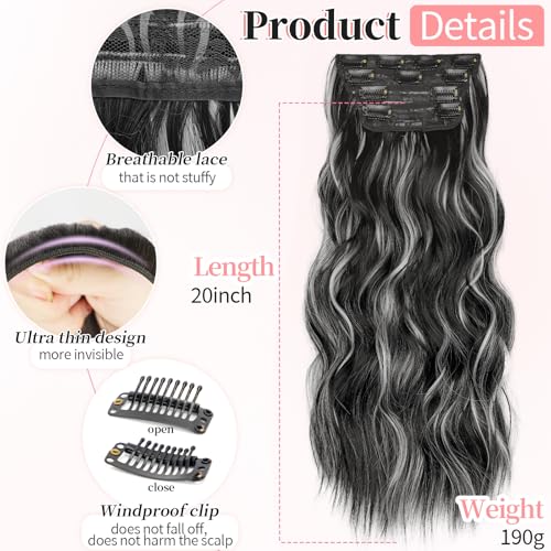 Image of KooKaStyle Clip in Hair Extensions Long Wavy 4PCS Thick Hairpieces Synthetic Highlight Hair Extensions Black and White Mix Fiber Double Weft Natural 20Inch for Women