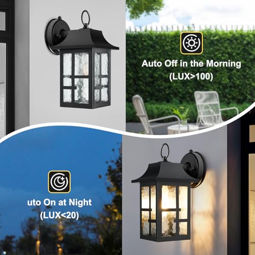 Image of OKELI Dusk to Dawn Outdoor Wall Lights, Exterior Waterproof Lantern, Front Porch Sconce Lighting with Water Ripple Glass Shade, Anti-Rust Wall Lamps Outside Lights for Garage (Black-SIZE-M-2pack)