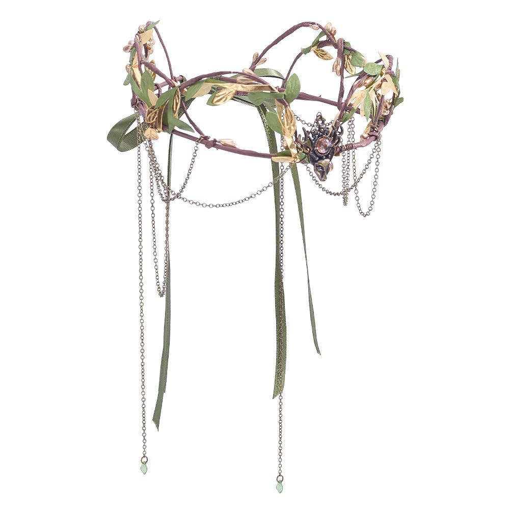 CRAFTYMELODY 1Pcs Medieval Elf Headpiece Dark Green Woodland Fairy Crown with Tassel Floral Elven Circlet Dark Leaf Tiara Woodland Headband Renaissance Accessories for Woman Viking Costume Cosplay