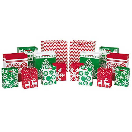 Hallmark Image Arts Holiday Gift Bag Assortment, Red and Green Snowflakes, Reindeer, Chevron (Pack of 16 Small, Medium, Large Bags for Classrooms, Treats, Gift Exchanges) (5EGB5775)