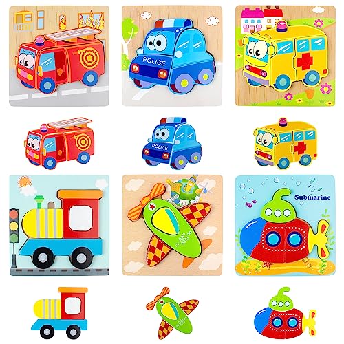 HUAZONTOM 木製パズル モンテッソーリ 玩具 乗り物積み木パズル 6個セット モンテッソーリ教育おもちゃ かわいい 木製 モンテッソーリ 知育玩具 型 はめ パズル 幼児用木製ジグソーパズル 色認知 脳トレ 消防車 救急車 パトロールカー 機関車
