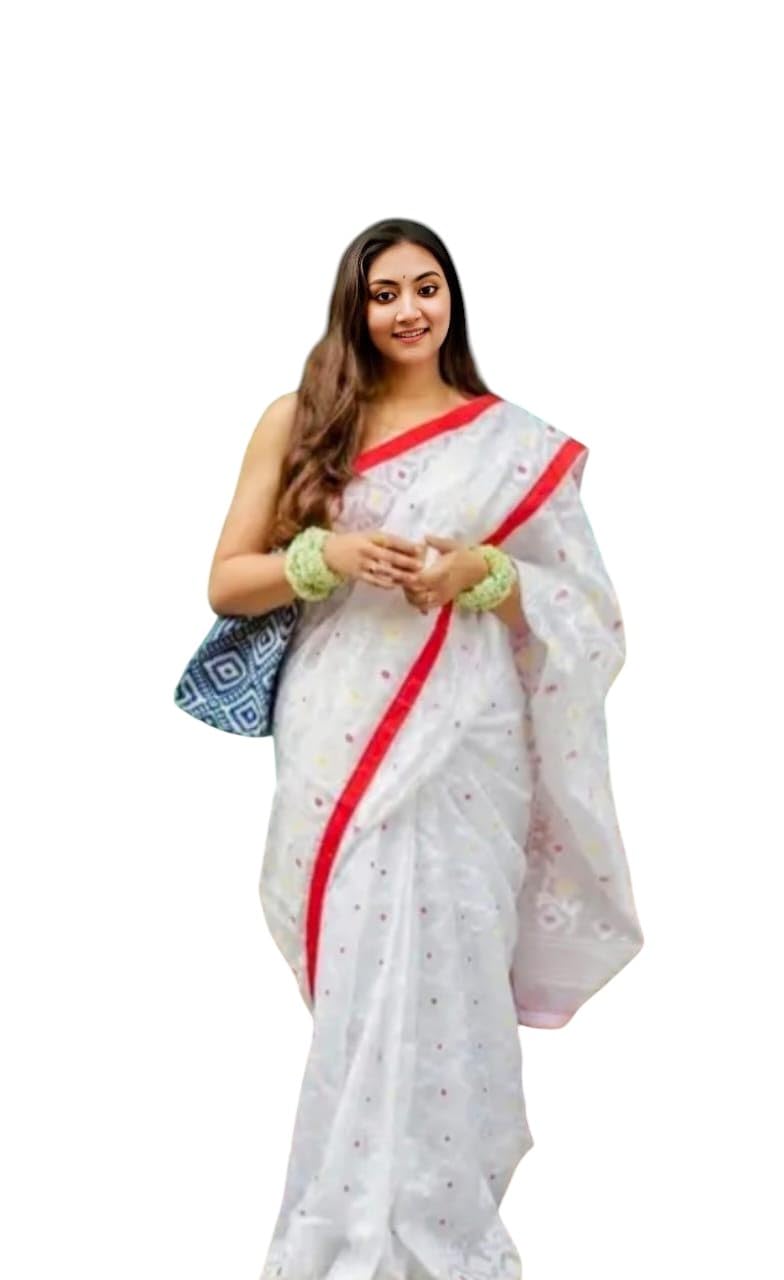 Saraswati Textile Handloom Jamdani Cotton Saree Soft & Lightweight Printed Traditional with Unstiched Blouse Piece Elegant Ethnic Wear for Festive and Casual Occasions.-image-32