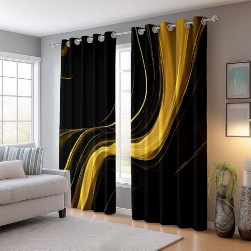 Negro Amarillo 100% Cortinas Opacas con Ojales, Abstracto Geométrico Cuadros Impresión Antiarrugas Cortinas Térmicas Durable, 117 An x 138 Al cm (2Paneles) Cortinas para Dormitorio Salon Cocina