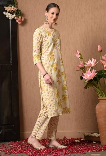 Image of Amazon Brand - Tavasya Women Cotton Anarkali Kurta Pant Dupatta Set | Printed Ethnic Suit Set | Flared Anarkali Kurta with Pant & Dupatta | Festive & Casual Wear