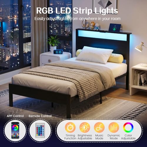Image of Black Twin Bed Frame with LED Lights and USB Charging Station, Modern Metal Platform Bed with Storage Headboard and Under-Bed Space, Noise Free, Sturdy Frame, No Box Spring Needed, Easy Assembly