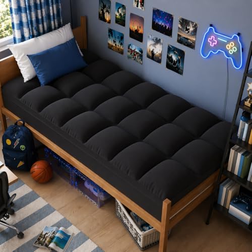 Image of ELEMUSE Twin Black Mattress Topper, Thick Pillow Top Mattress Pad | Overfilled down alternative filling adds plush comfort. Deep pocket design fits twin beds for small spaces and guest rooms.