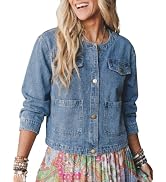 Omoone Womens Collarless Denim Jacket Crop Button Down Casual Fall Coat | Crew Neck Button Jean C...