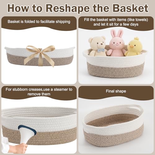 Image of Basket for Gifts Empty, Small Woven Basket with Bags and Ribbons, Baby Toy Baskets with Handles, Wicker Storage Bin for Baby Showers or Pet Toy (White & Brown, 1 Pack (12 inchx 8 inchx 3.74 inch))