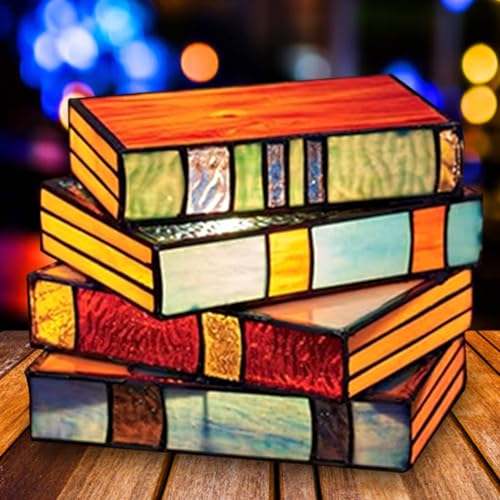 Usper Lámpara de resina para libros apilados, lámpara de mesa de luz de libro LED, mesita de noche hecha a mano, lámparas de libros, iluminación de esquina de lectura, lámpara de mesa vintage,