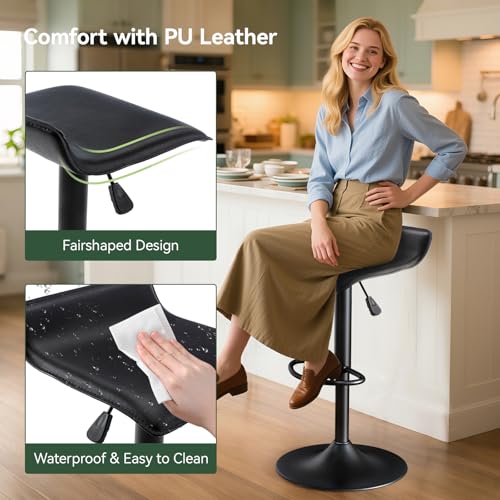 Image of Vogue Furniture Direct Adjustable Bar Stools Set of 2, Modern Swivel PU Leather Airlift Barstools, Backless Kitchen Counter Height Bar Chair for Dining Room (Black, Black Base)