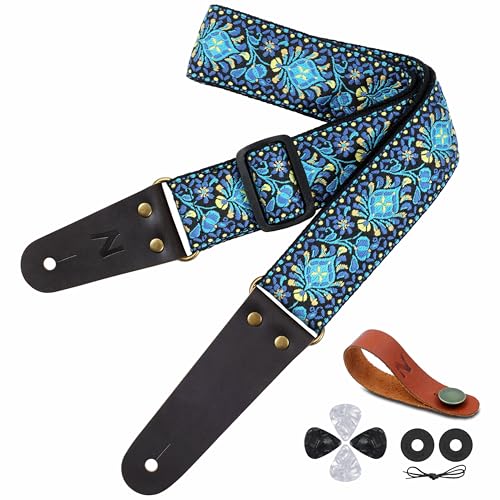 Correa de guitarra Nefelibata, correas de guitarra de algodón bordado de 2 pulgadas, extremos de piel de...