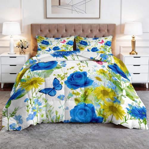 Edredón de verano pastoral refrescante individual de 135 x 200 cm, edredón ligero de acuarela con rosas azules y mariposas para personas que duermen con calor, ropa de cama transpirable y agradable al