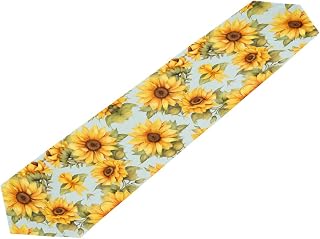 Summer Sunflower Cotton Linen Table Runner, Country Floral Farmhouse Kitchen Dining Table Decoration for Home Party Decor 13x70 Inch