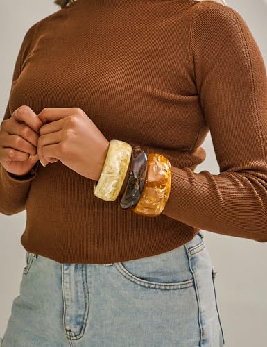 WOWORAMA 3pcs Colorful Resin Acrylic Bangle Bracelets Set for Women Wide Chunky Acrylic Bracelets Stackable Geometric Acetate Resin Bangles Stack Plastic Statement Bracelet