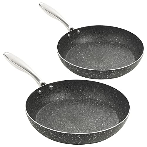 URBN-CHEF Sartenes de aluminio prensado con revestimiento antiadherente de granito de mármol y asas de acero inoxidable adecuadas para horno de inducción eléctrico de gas (juego de 2 piezas (20 cm +
