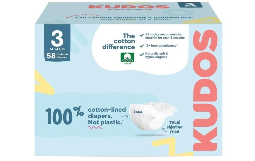 Kudos Chlorine Free Premium Diapers, Cotton-Lined, (Size 3, 58 Count)
