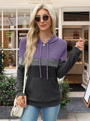 MixShe Women’s Color Block Knit Hoodie – Casual Long Sleeve Pullover Sweater Tops with Pocket